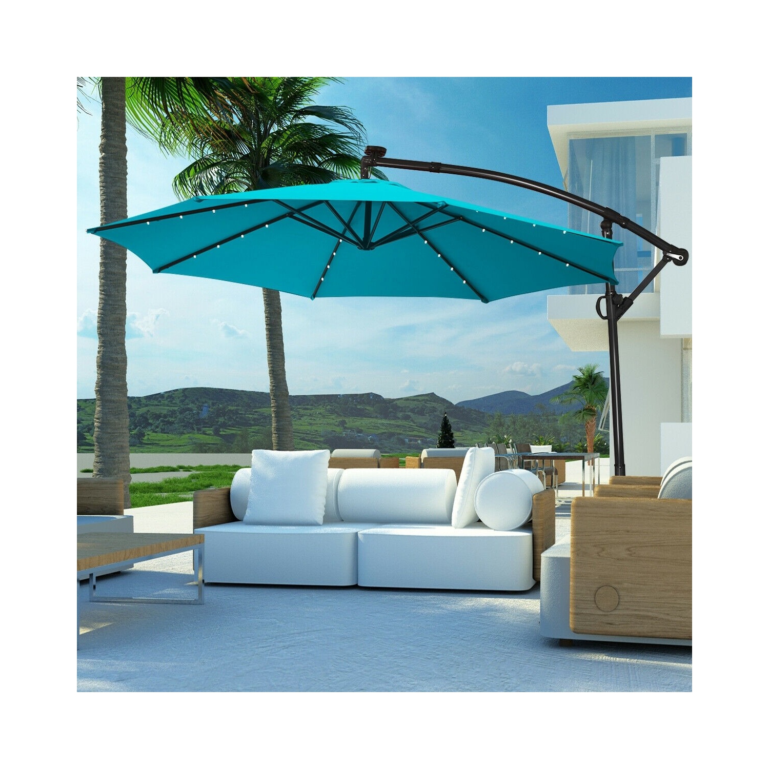 360 Degree Rotating Offset Patio Umbrella 10 ft with Solar LED