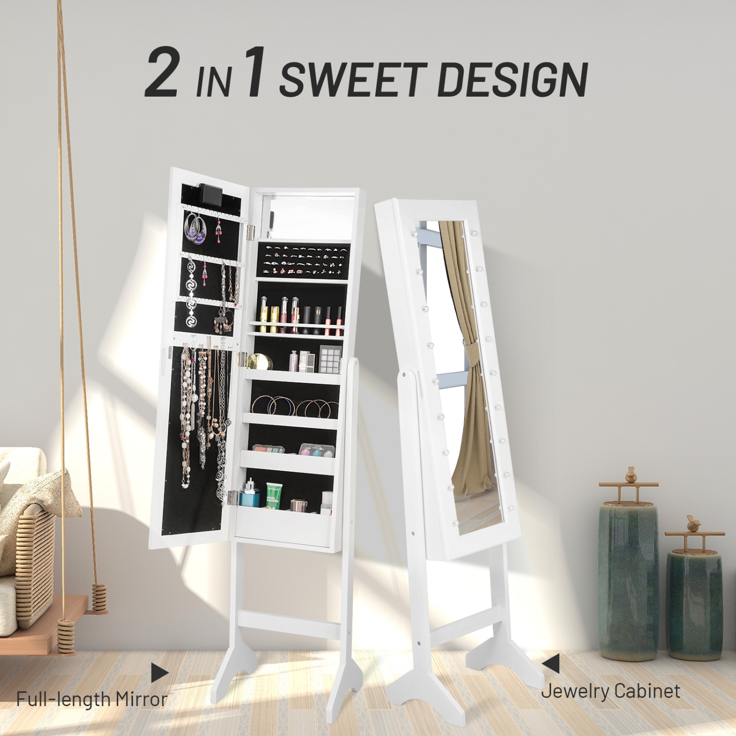 Mirrored Jewelry Cabinet Armoire Organizer w/ LED lights-White