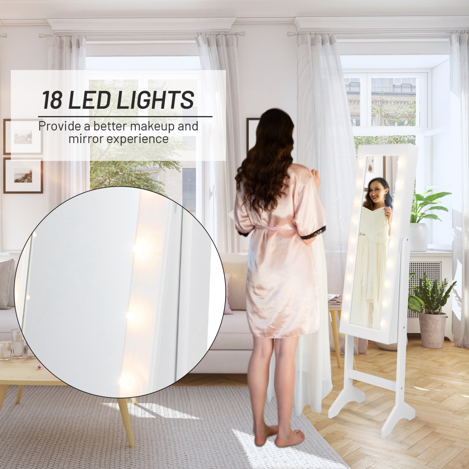 Mirrored Jewelry Cabinet Armoire Organizer w/ LED lights-White