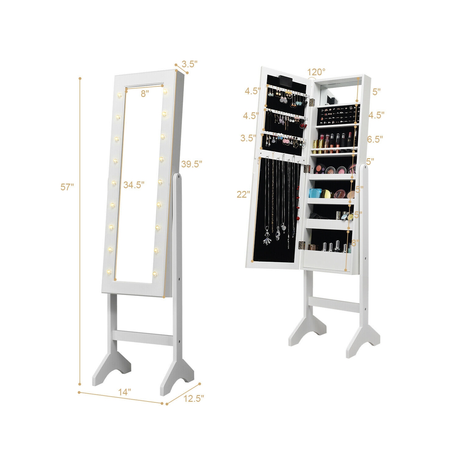 Mirrored Jewelry Cabinet Armoire Organizer w/ LED lights-White