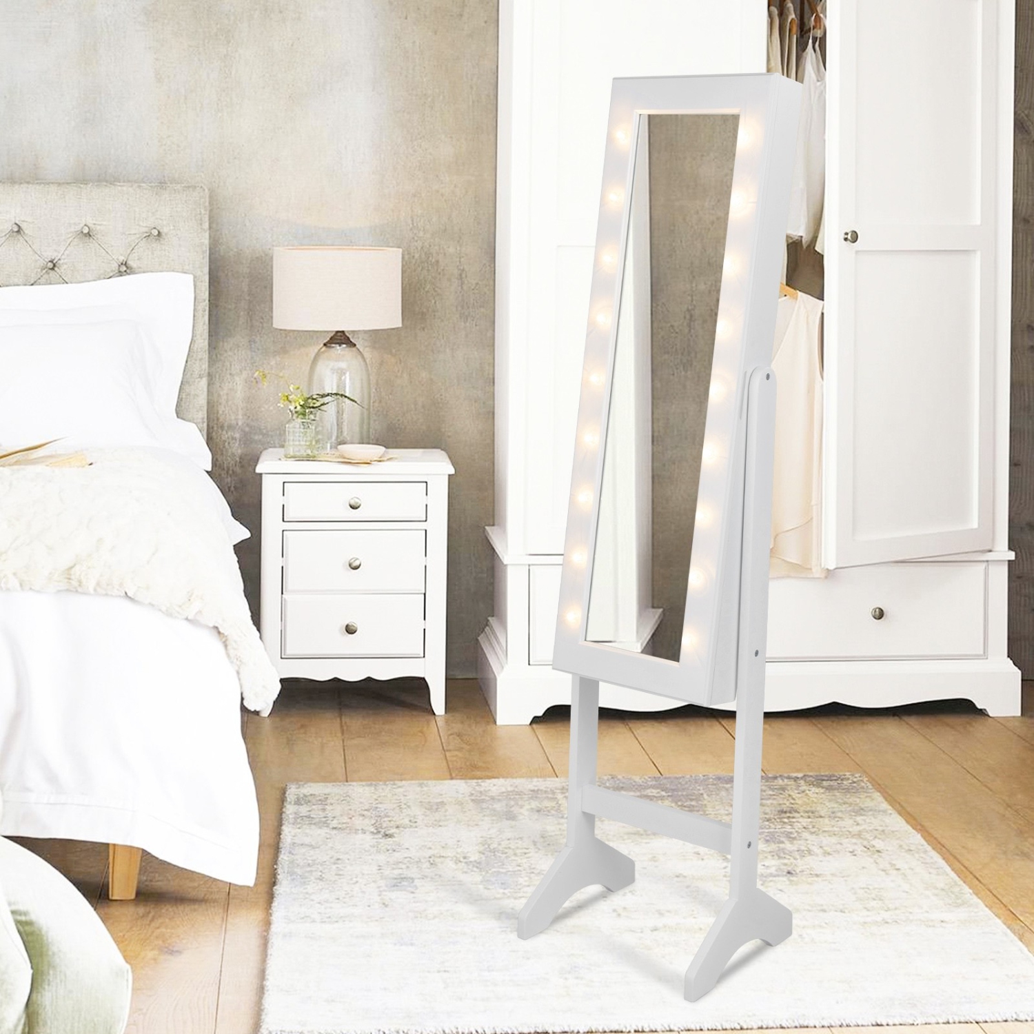 Mirrored Jewelry Cabinet Armoire Organizer w/ LED lights-White