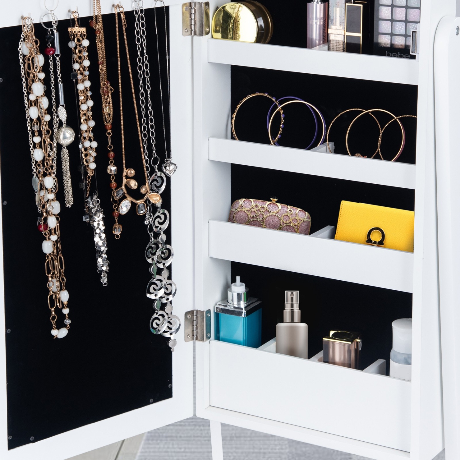 Mirrored Jewelry Cabinet Armoire Organizer w/ LED lights-White