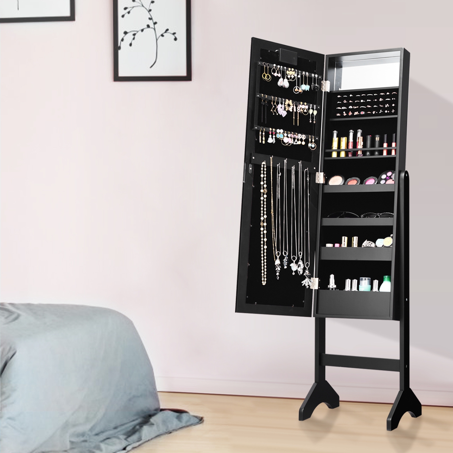 Armoire à bijoux miroir avec rangement pour armoire à DEL - Noir
