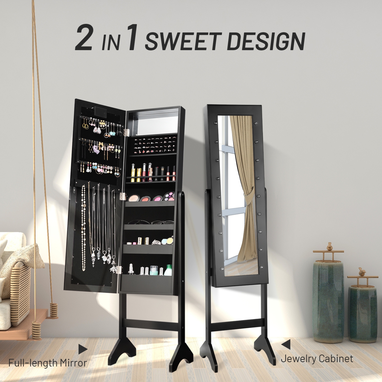 Armoire à bijoux miroir avec rangement pour armoire à DEL - Noir