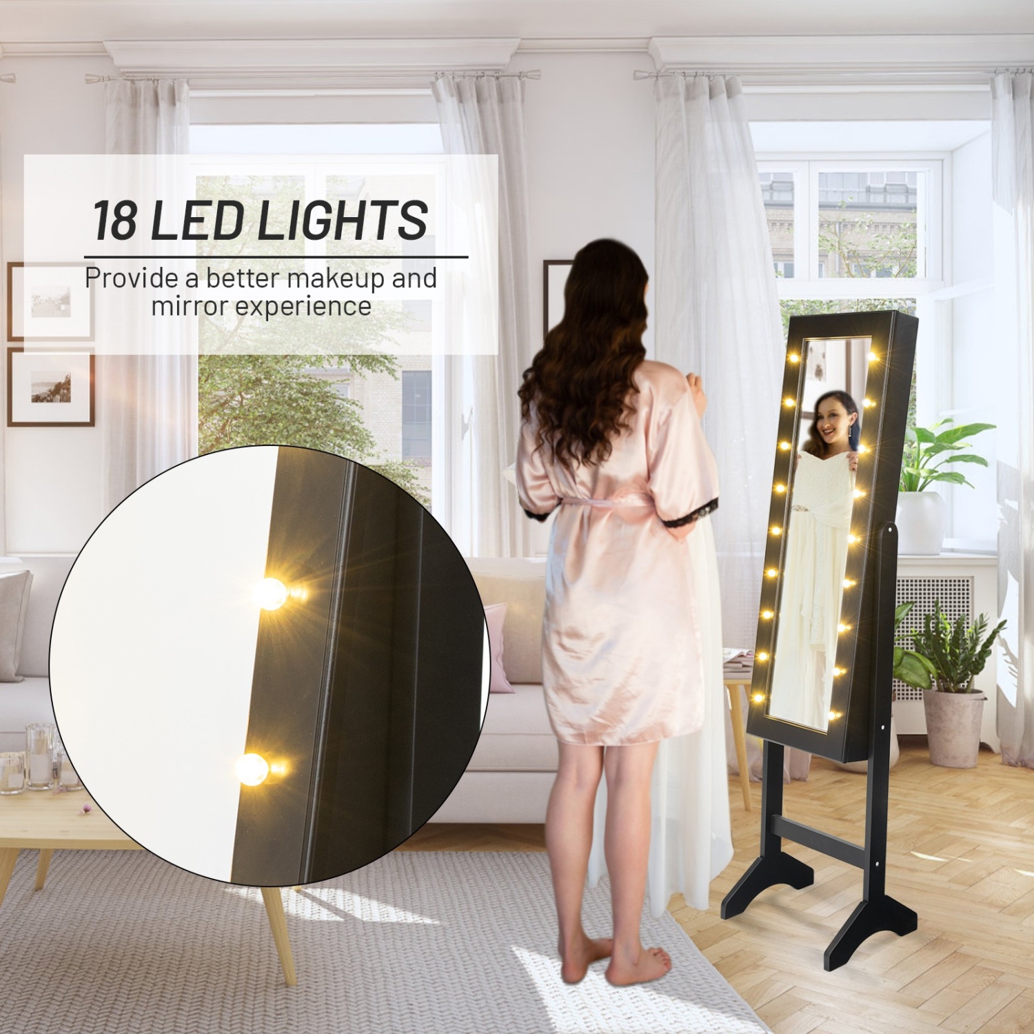 Armoire à bijoux miroir avec rangement pour armoire à DEL - Noir