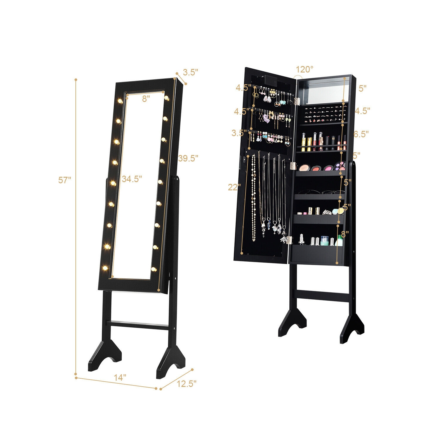 Armoire à bijoux miroir avec rangement pour armoire à DEL - Noir