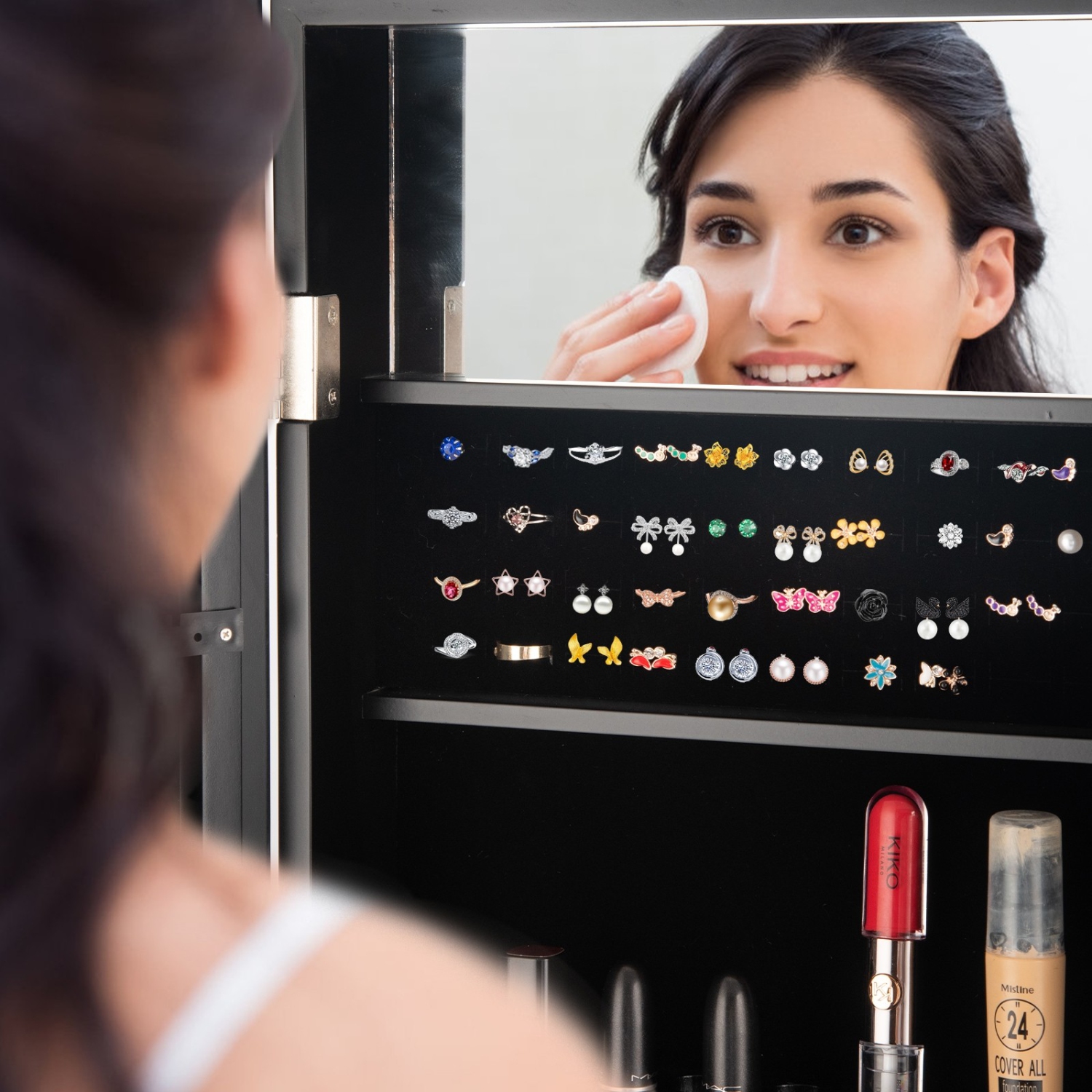 Armoire à bijoux miroir avec rangement pour armoire à DEL - Noir