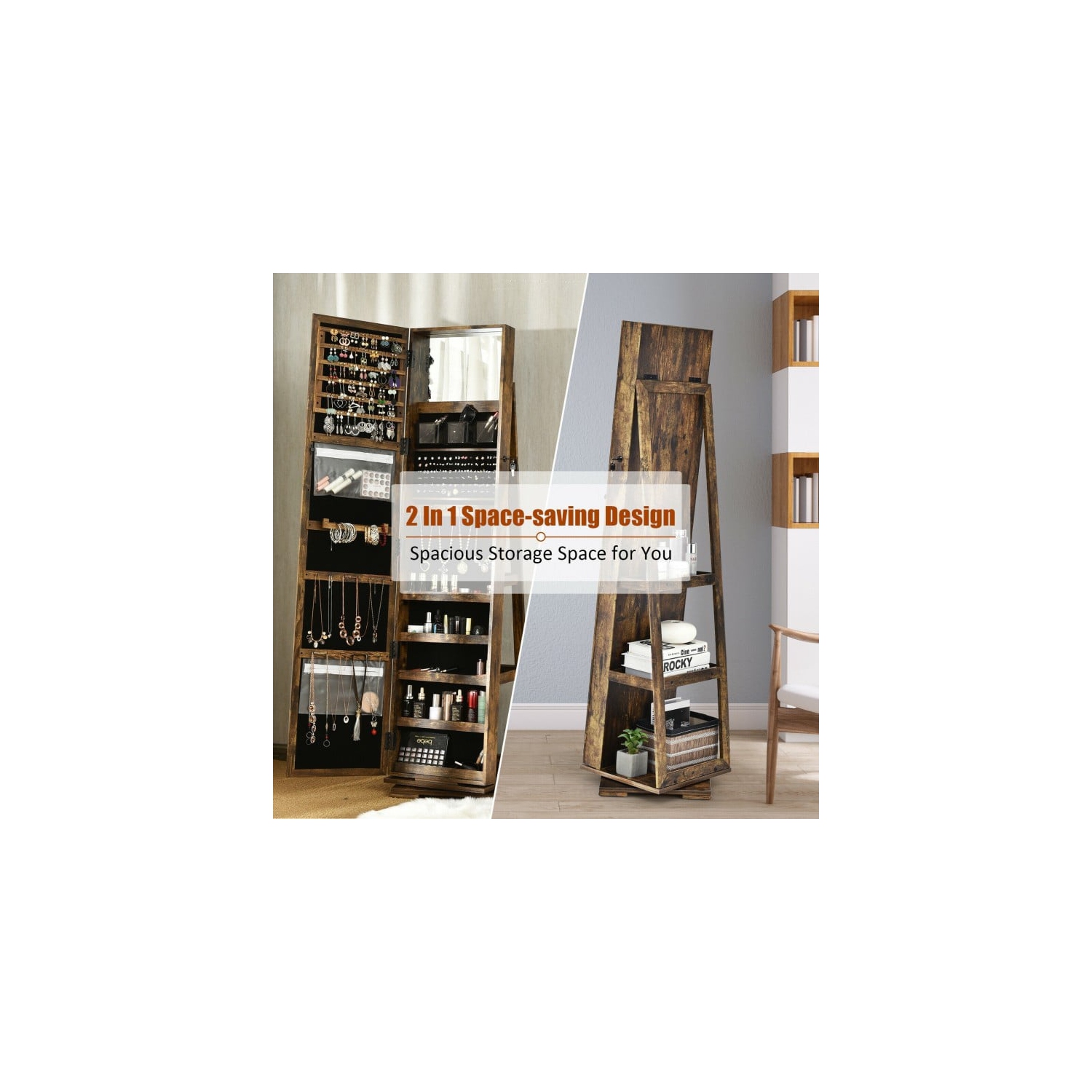 Armoire à bijoux 2-en-1 verrouillable avec rotation à 360° et miroir pleine longueur