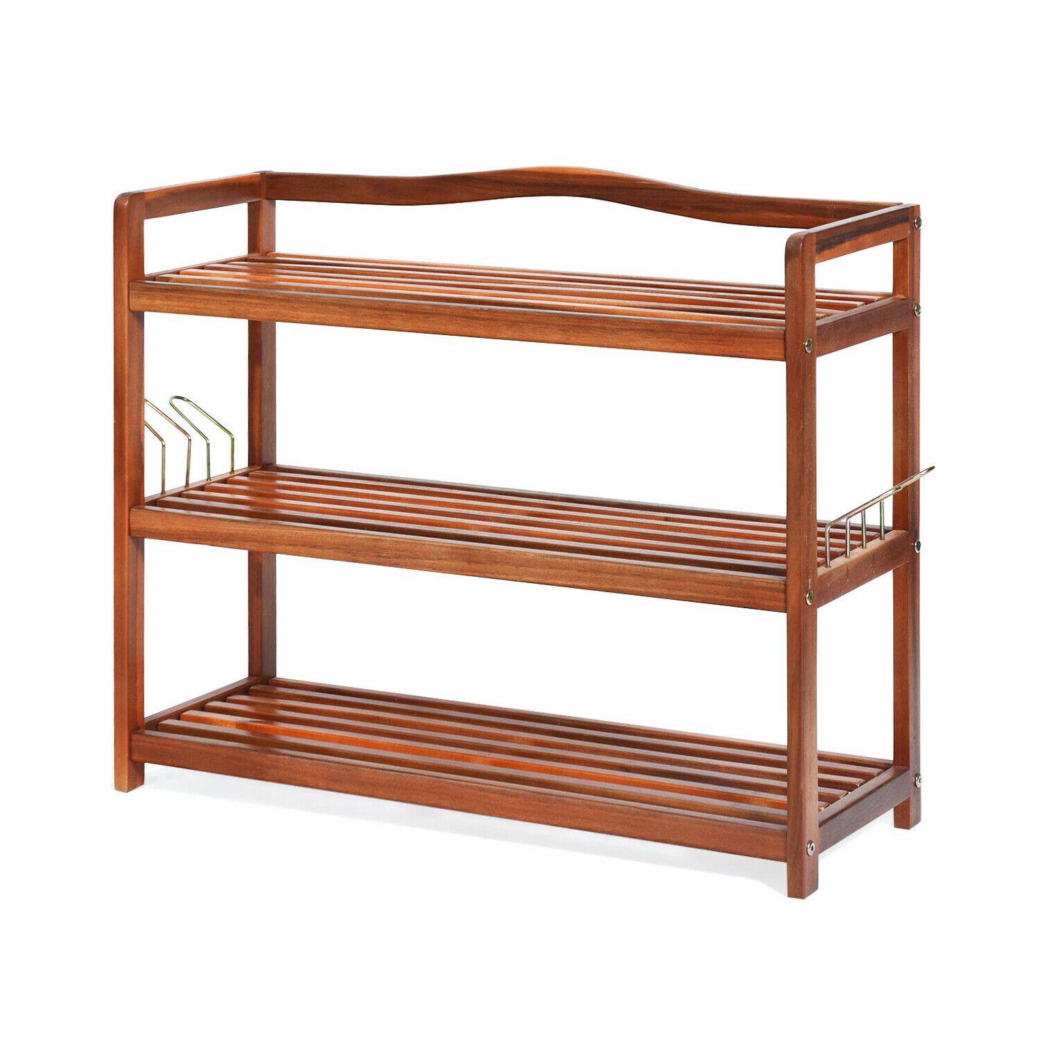 Support à chaussures en bois d'acacia avec crochets latéraux en métal