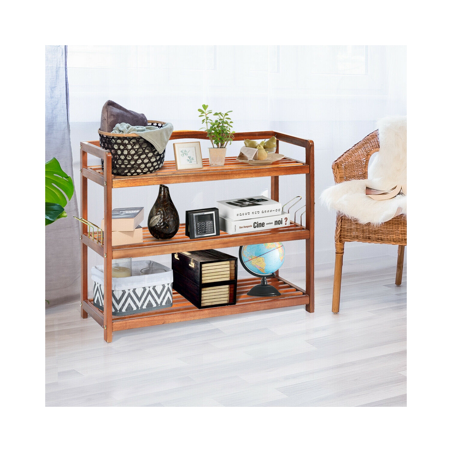 Support à chaussures en bois d'acacia avec crochets latéraux en métal