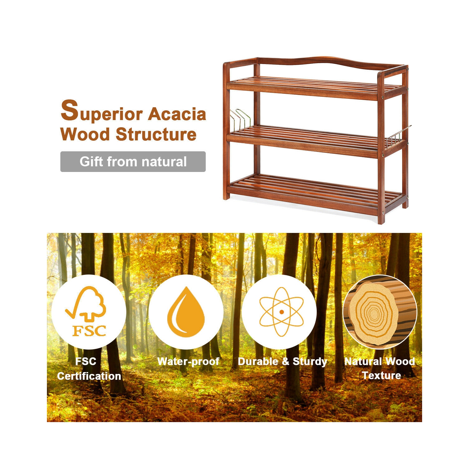 Support à chaussures en bois d'acacia avec crochets latéraux en métal