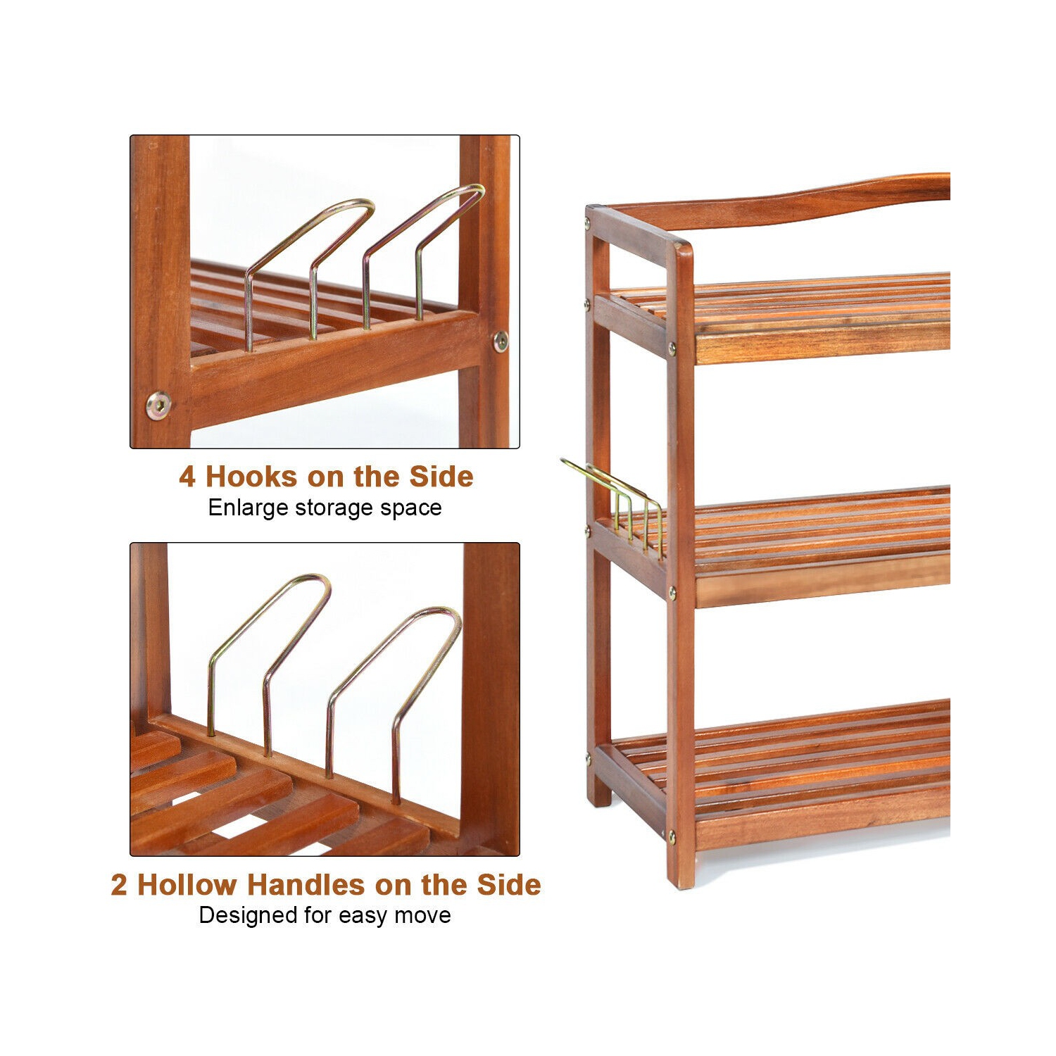 Support à chaussures en bois d'acacia avec crochets latéraux en métal