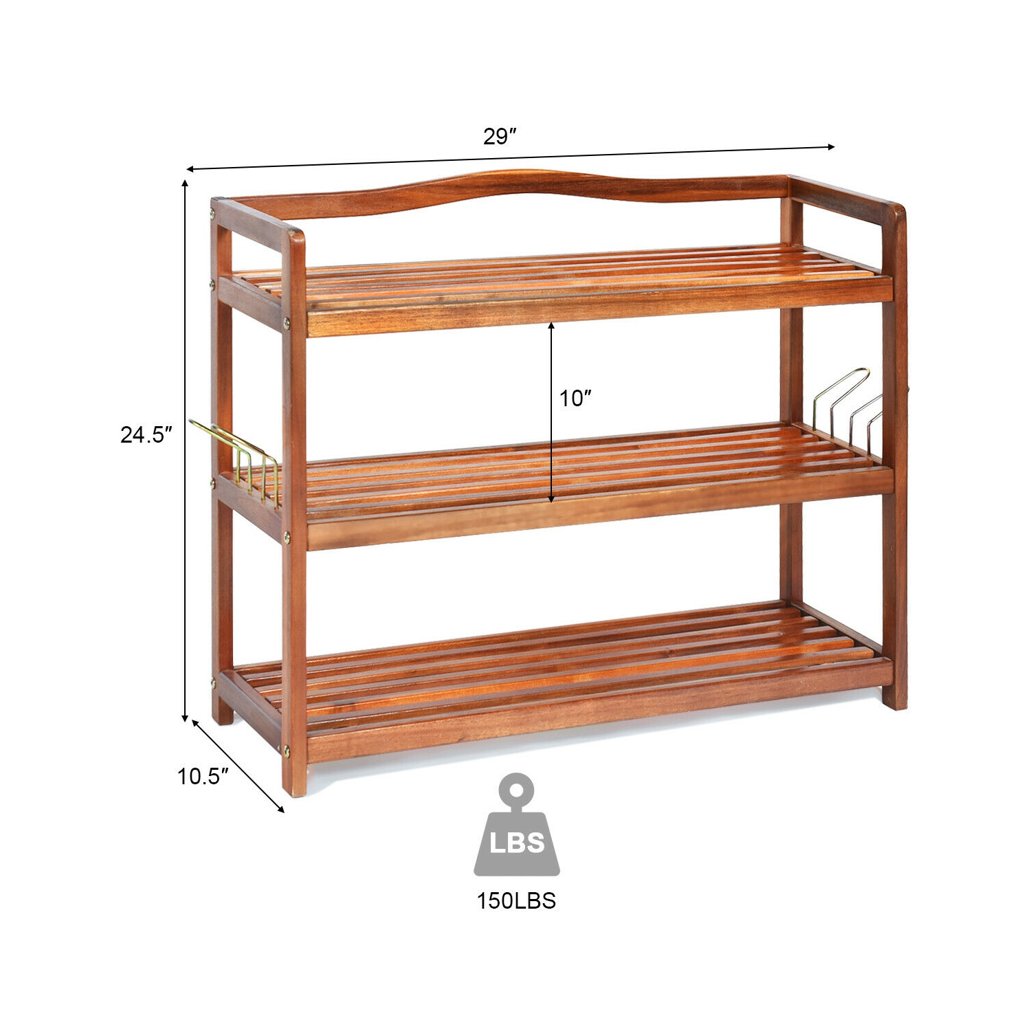 Support à chaussures en bois d'acacia avec crochets latéraux en métal