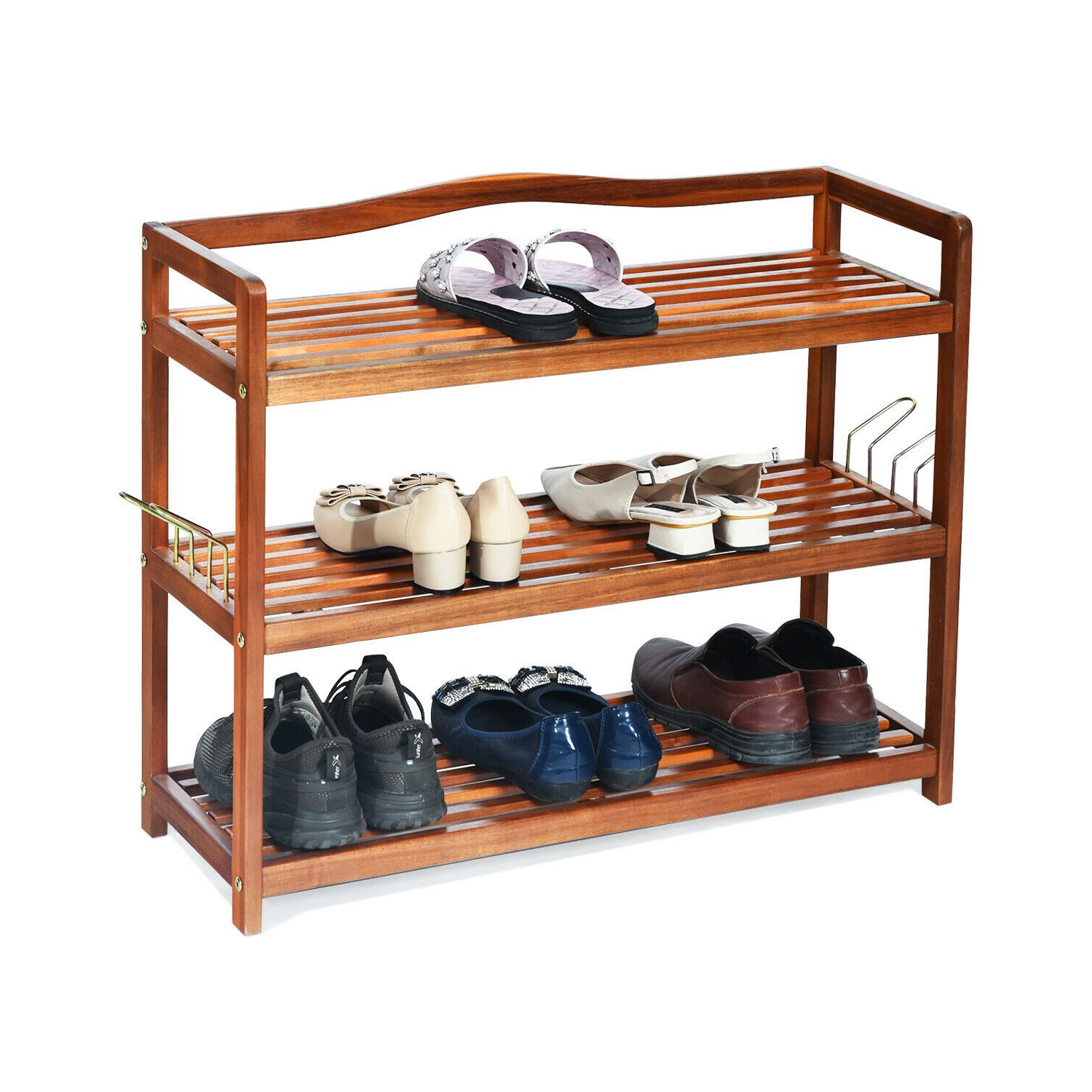 Support à chaussures en bois d'acacia avec crochets latéraux en métal