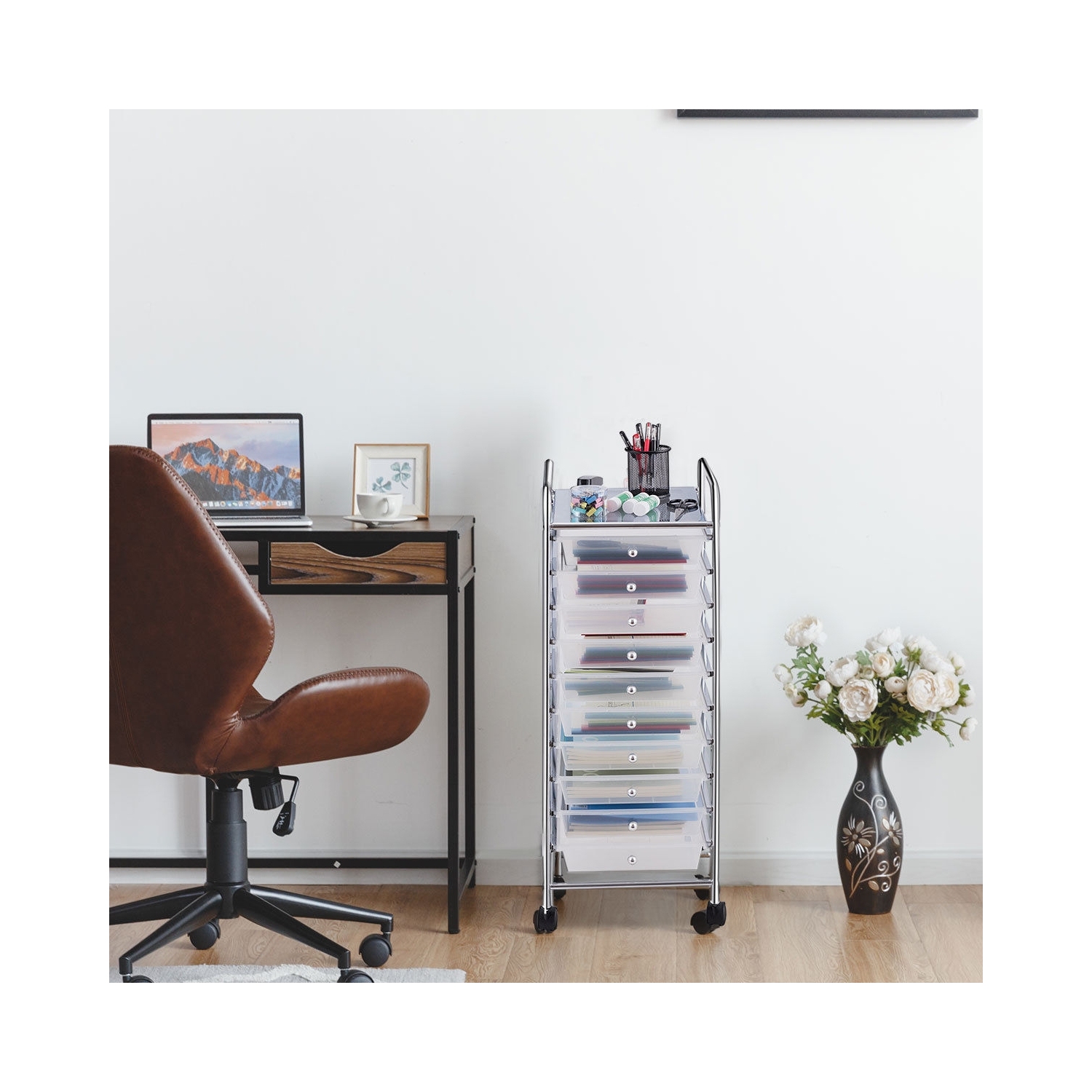 10-drawer rolling storage cart organizer with smooth swivel casters for easy mobility