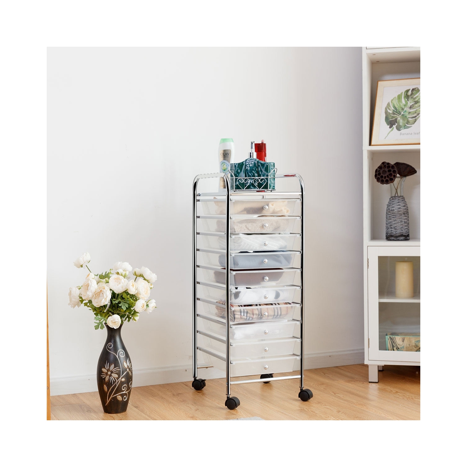 10-drawer rolling storage cart organizer with smooth swivel casters for easy mobility