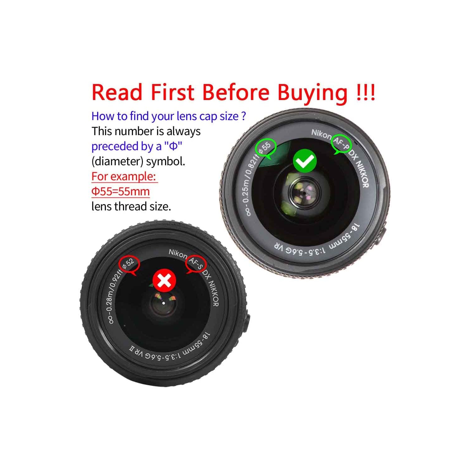 55mm Lens Cap Cover with Keeper for AF-P DX NIKKOR 18-55mm f/3.5-5.6G VR Lens for Nikon D7200 D5600 D5500 D5300 D3500 D3400 D3300 DSLR Camera, Lens