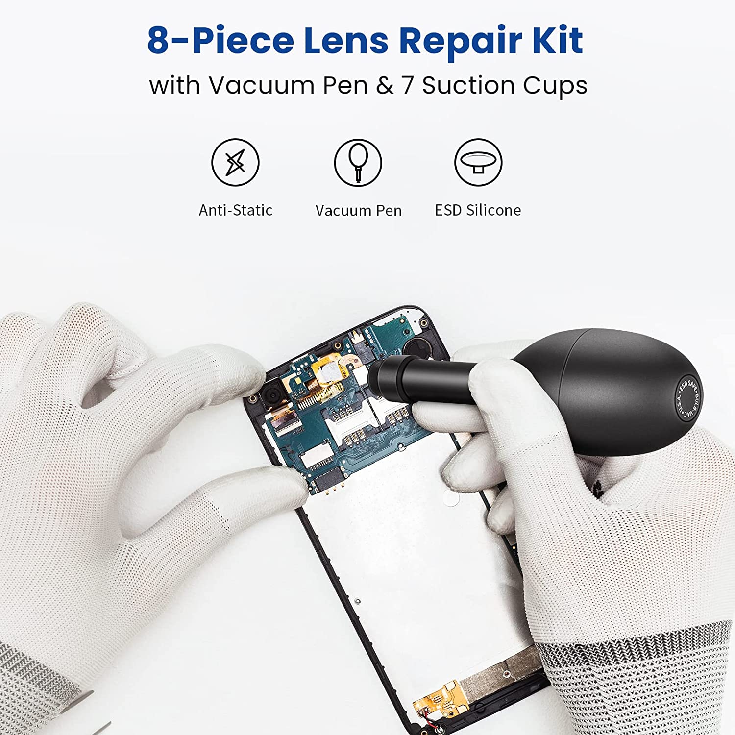 8-in-1 Lens Sucker Kit, IC Pick Up Vacuum Suction Pen with 7 Interchangeable Suction Cups Lens Repair Tool for Lens Repair and Cleaning, Watches, and