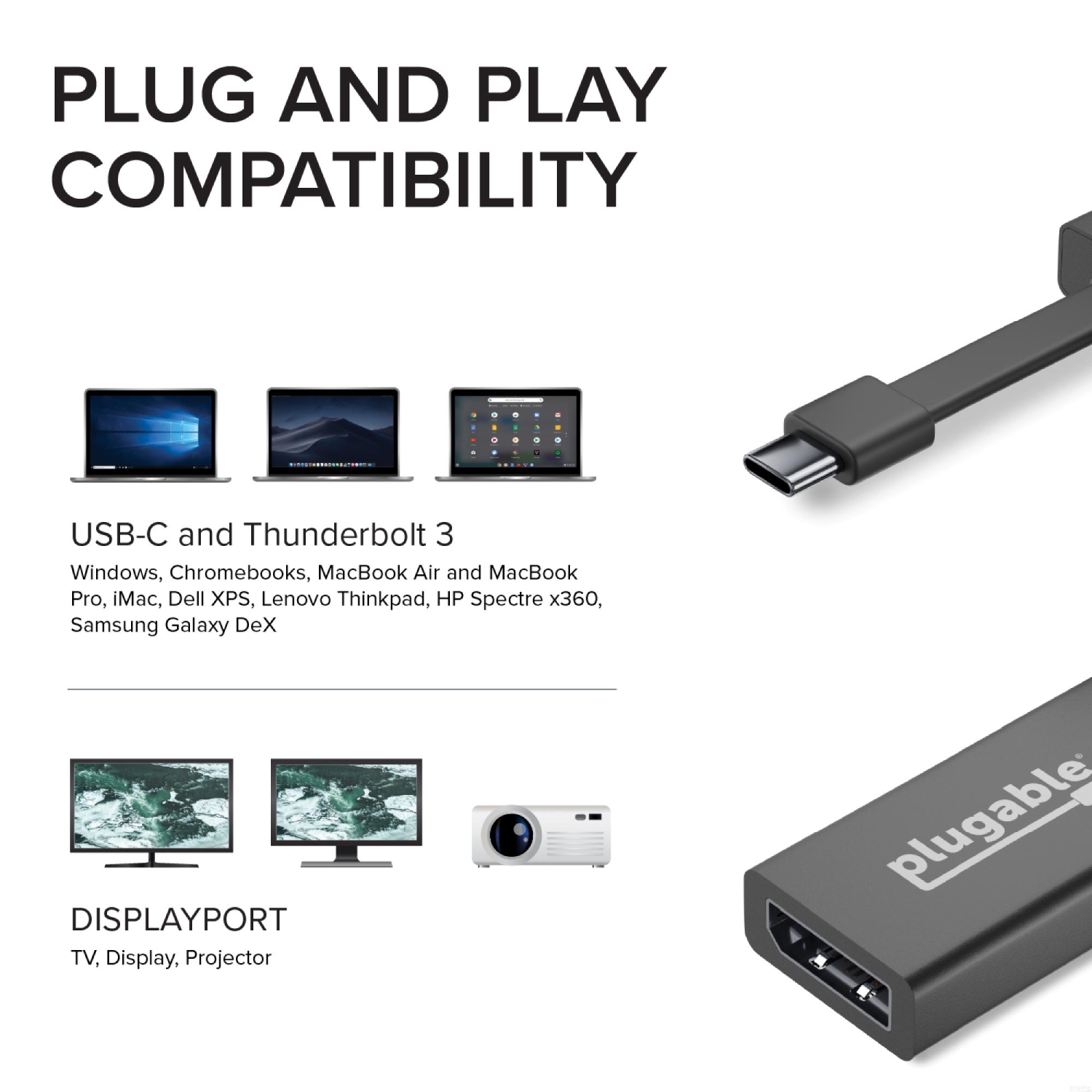 Plugable USB C to DisplayPort Adapter 4K 60Hz, Thunderbolt 3 to DisplayPort Adapter