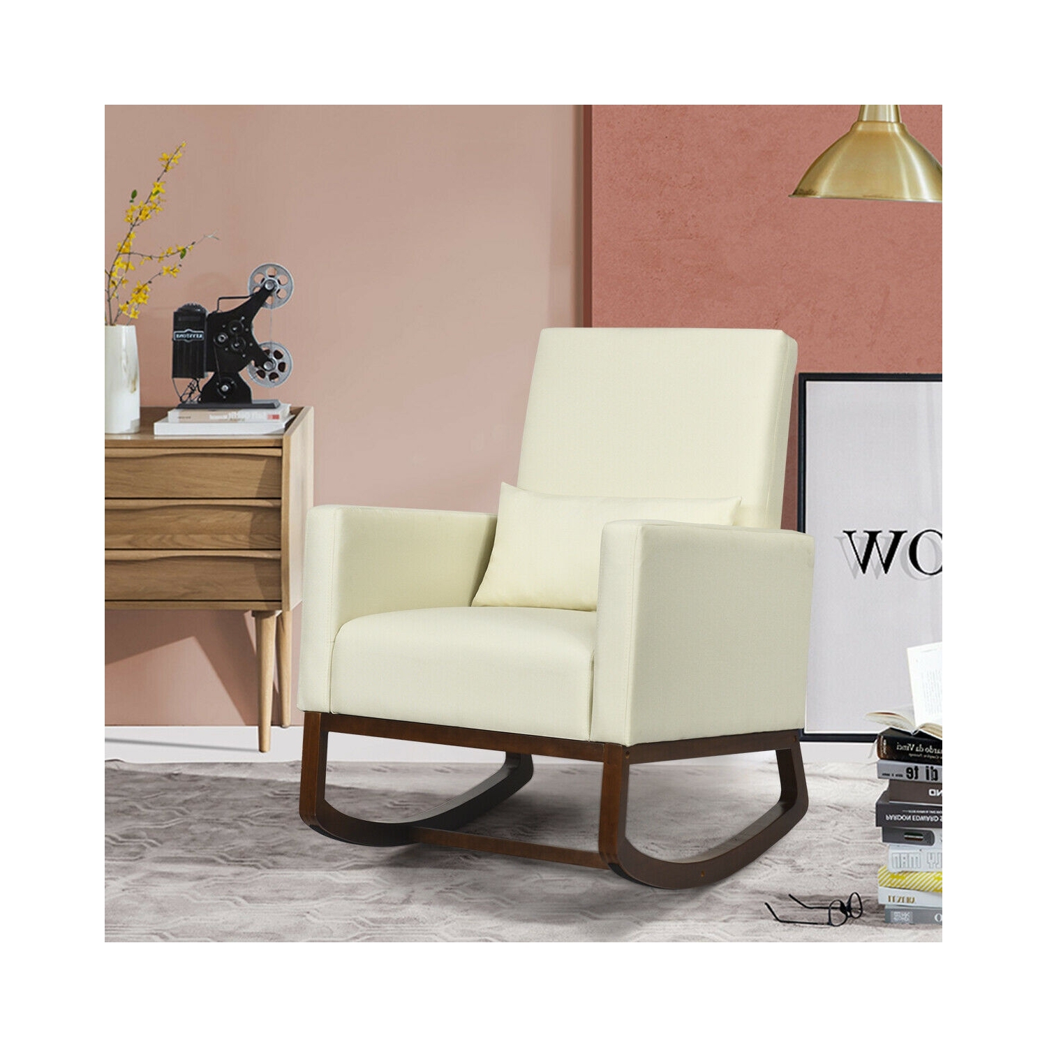 2-in-1 Fabric Upholstered Rocking Chair with Pillow-Beige