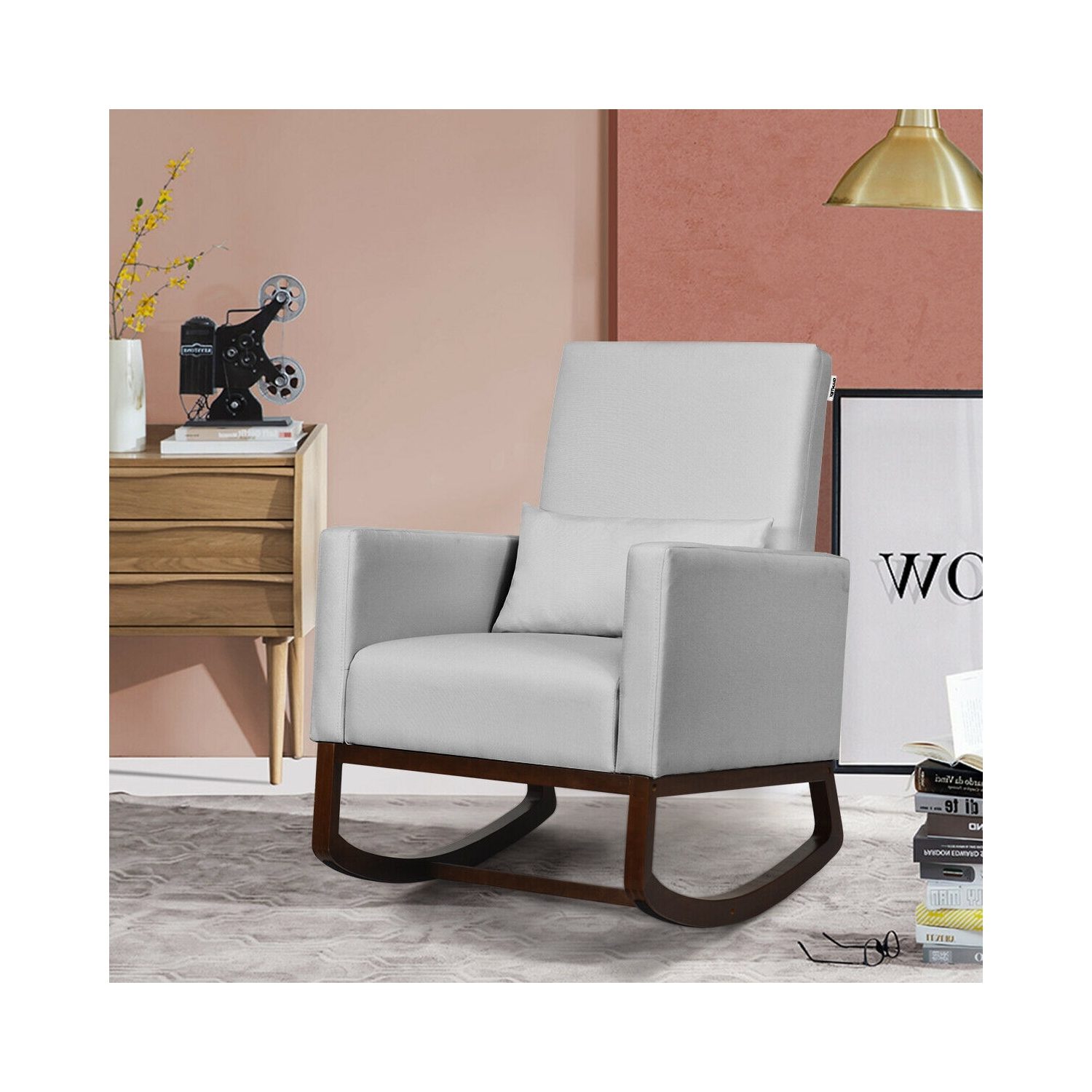 2-in-1 Fabric Upholstered Rocking Chair with Pillow-Light Gray