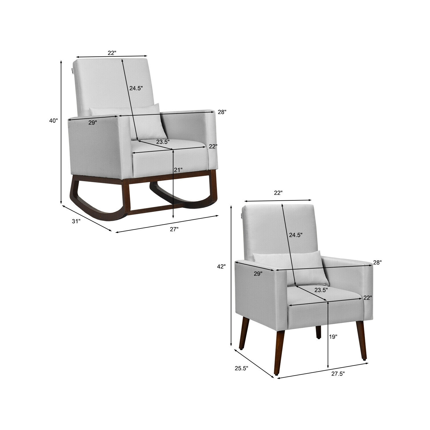 2-in-1 Fabric Upholstered Rocking Chair with Pillow-Light Gray