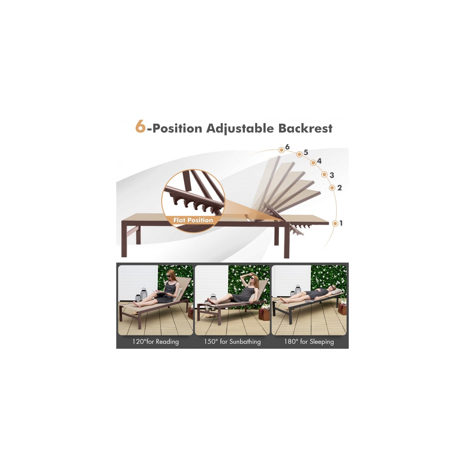 Chaise longue à 6 positions avec cadre en aluminium antirouille