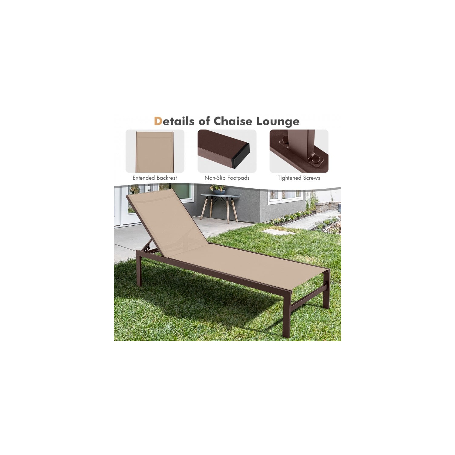 Chaise longue à 6 positions avec cadre en aluminium antirouille