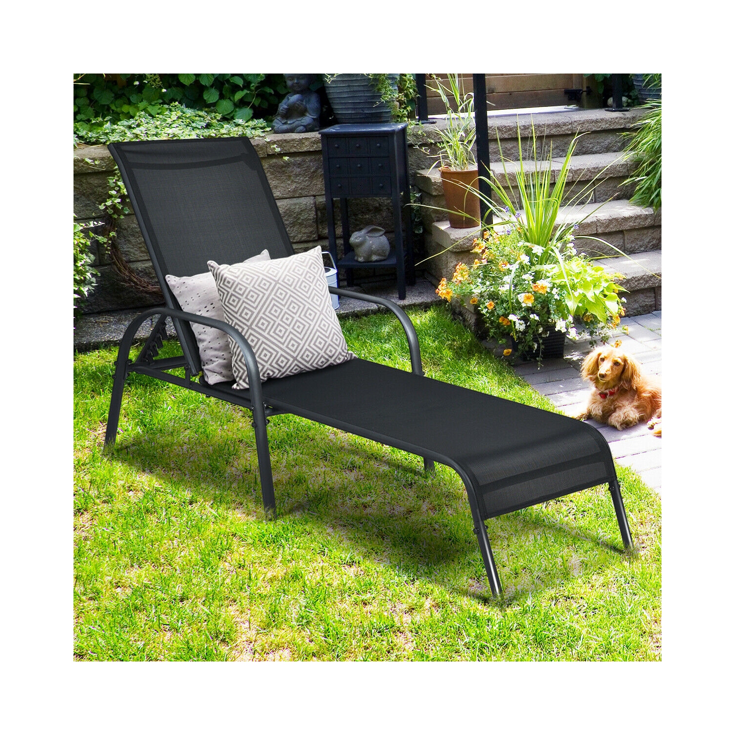 Adjustable Patio Chaise Folding Lounge Chair with Backrest-Black