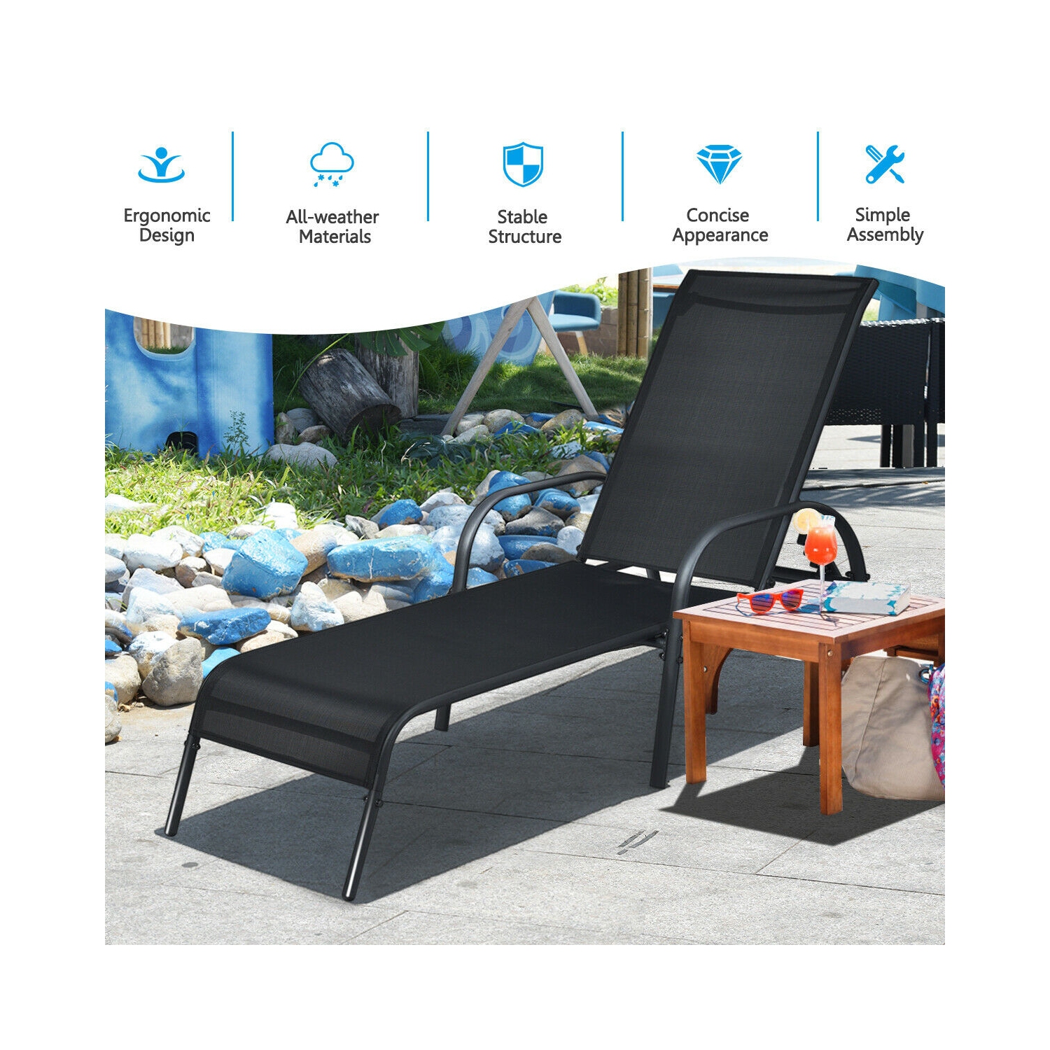 Adjustable Patio Chaise Folding Lounge Chair with Backrest-Black