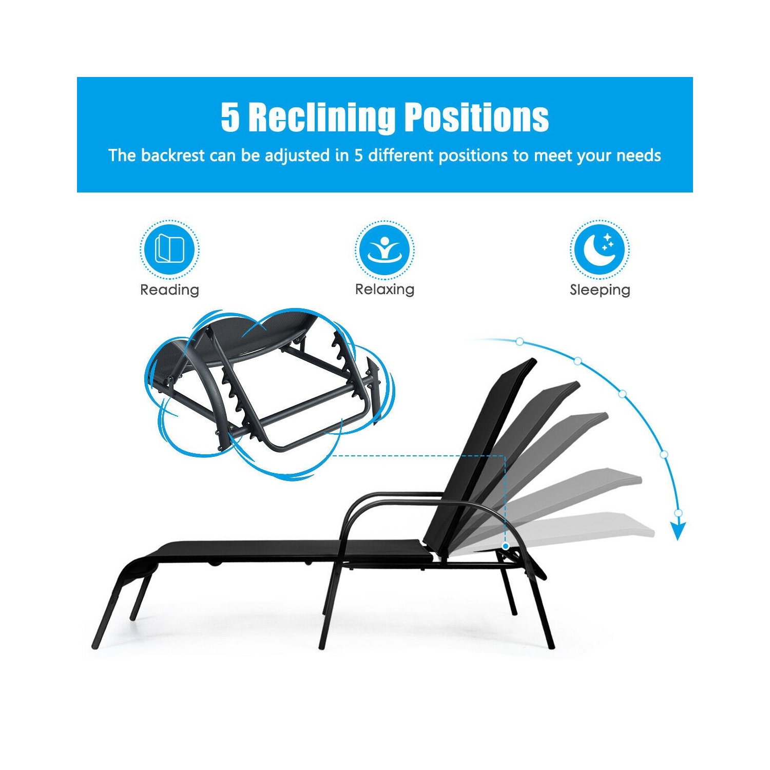 Adjustable Patio Chaise Folding Lounge Chair with Backrest-Black