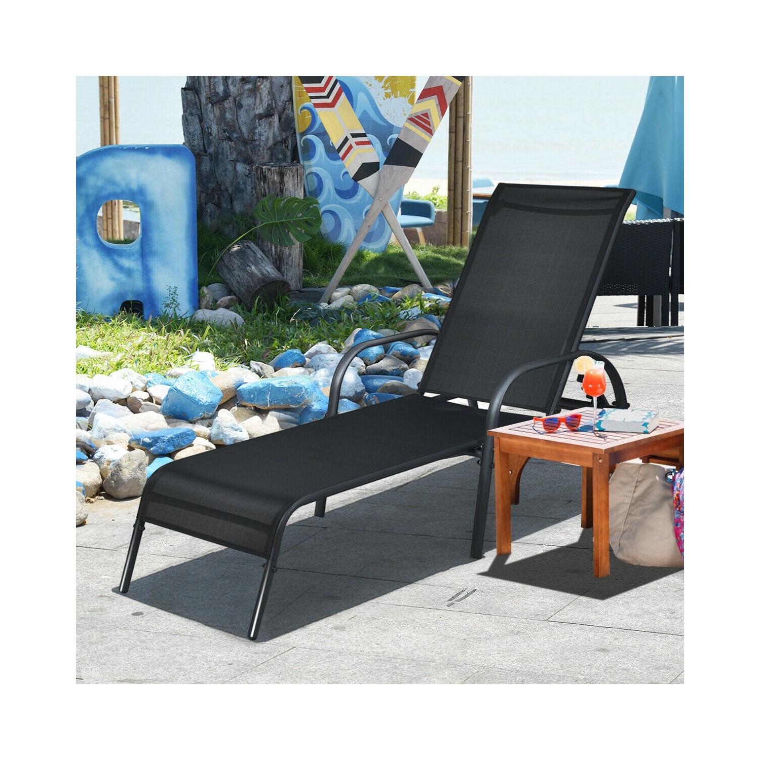 Adjustable Patio Chaise Folding Lounge Chair with Backrest-Black