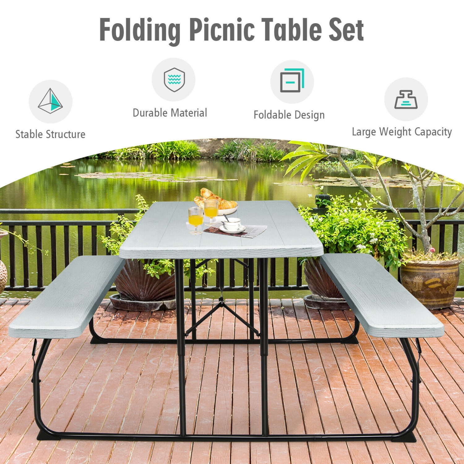 Portable Folding Picnic Table Bench Set with Wood-Style Texture for Backyard or Patio