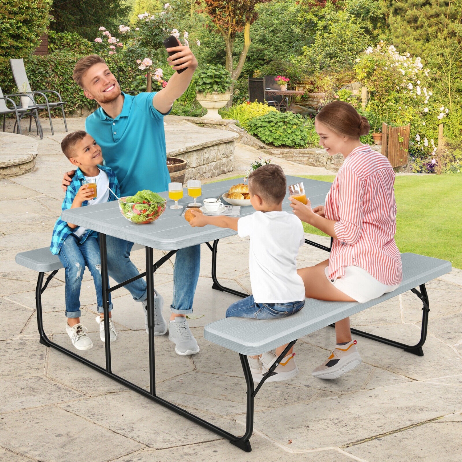 Portable Folding Picnic Table Bench Set with Wood-Style Texture for Backyard or Patio