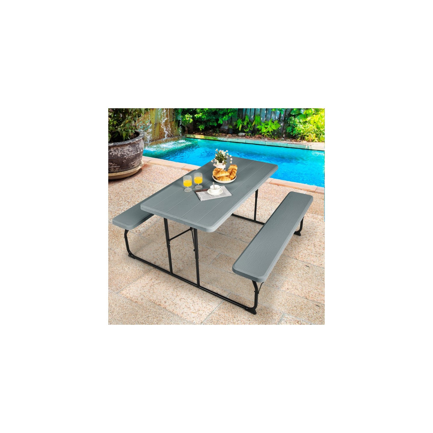 Portable Folding Picnic Table Bench Set with Wood-Style Texture for Backyard or Patio
