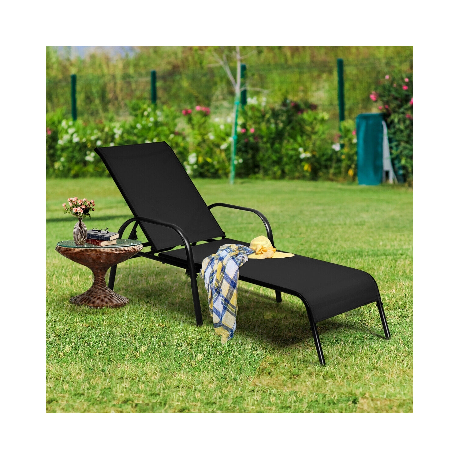 2 Pieces Outdoor Patio Lounge Chair with Adjustable Reclining Armrest