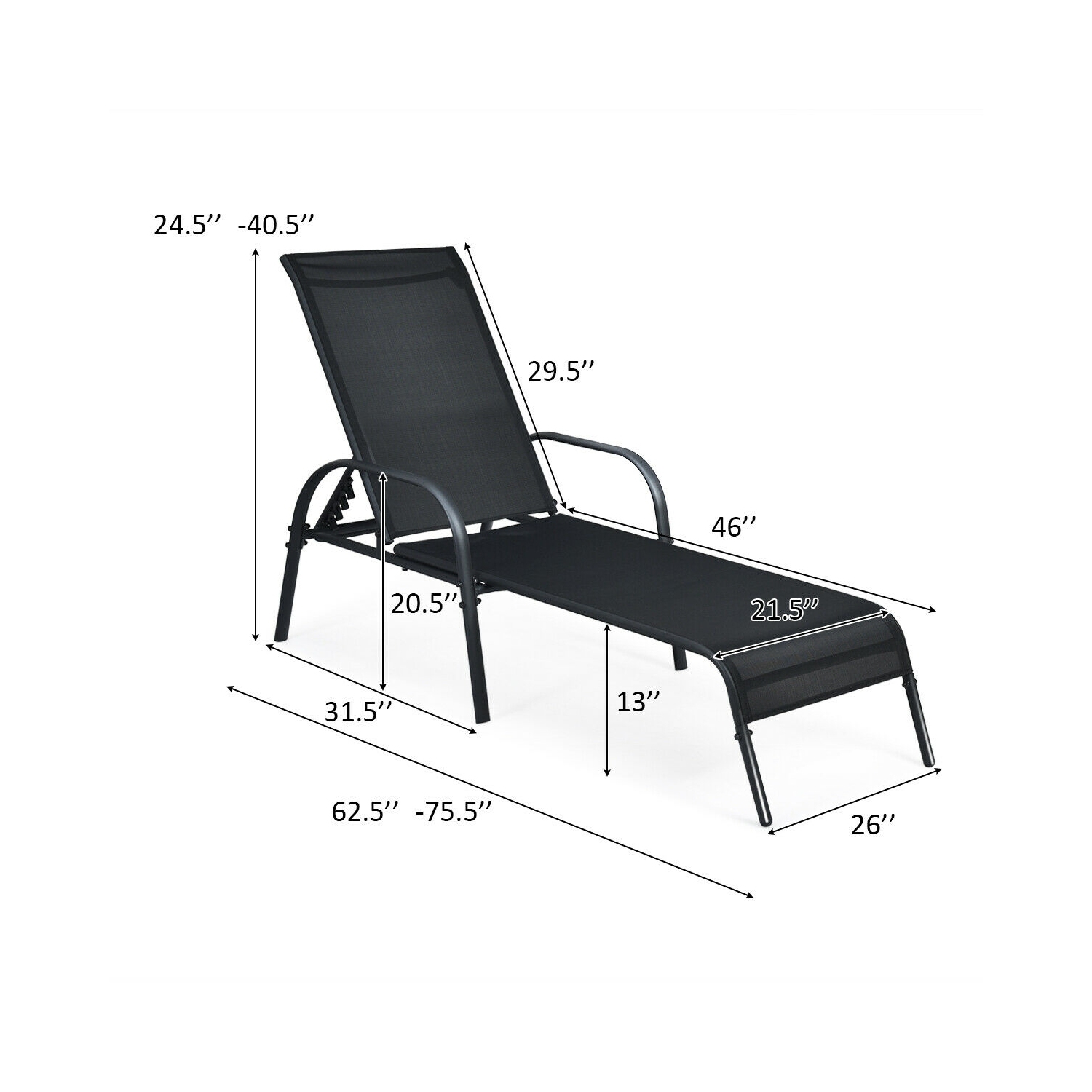 2 Pieces Outdoor Patio Lounge Chair with Adjustable Reclining Armrest