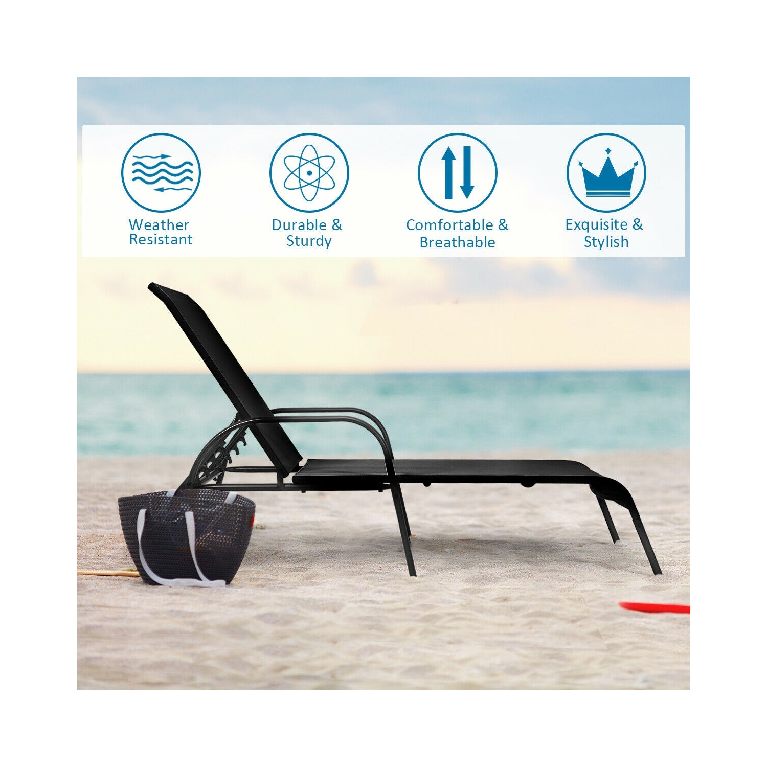 2 Pieces Outdoor Patio Lounge Chair with Adjustable Reclining Armrest