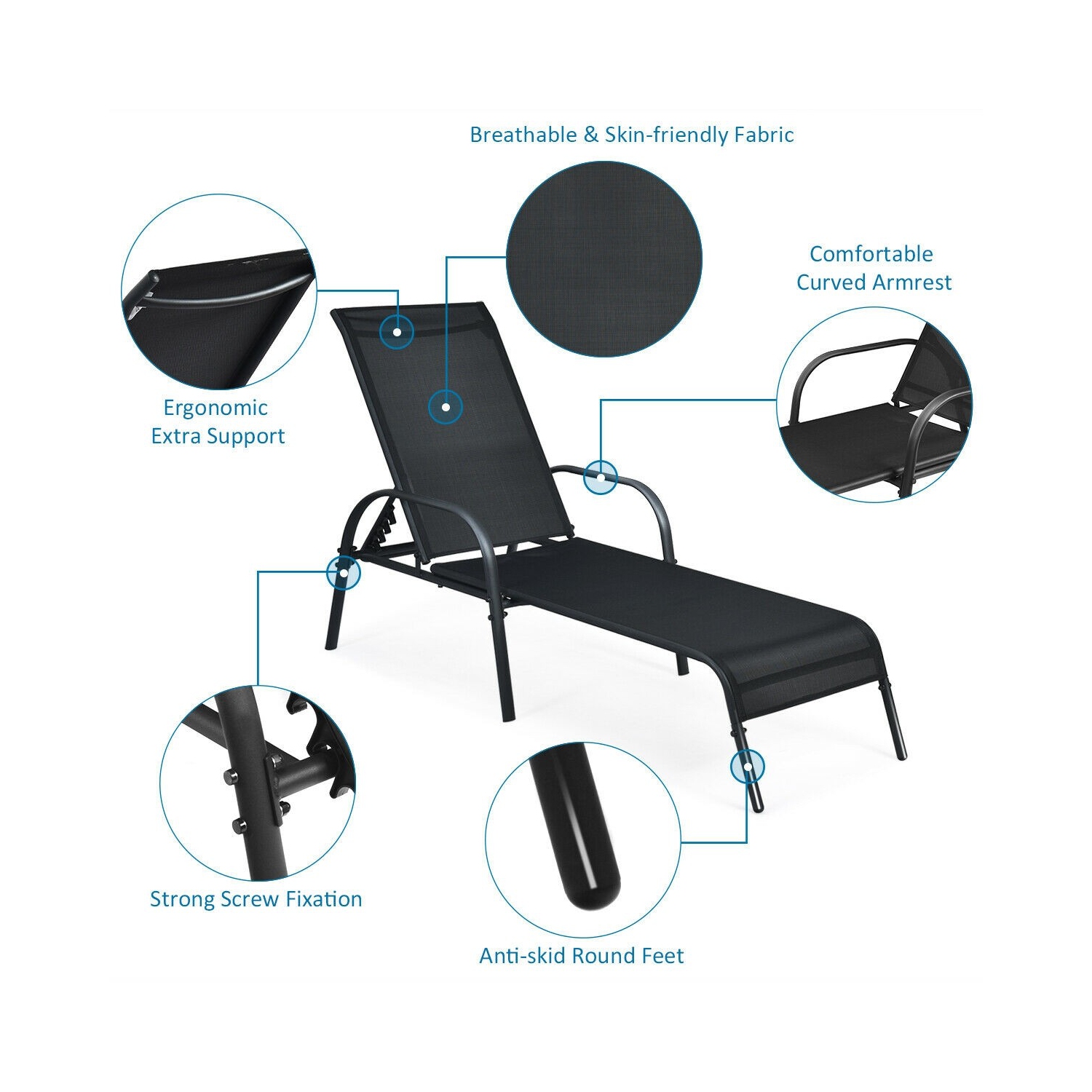 2 Pieces Outdoor Patio Lounge Chair with Adjustable Reclining Armrest