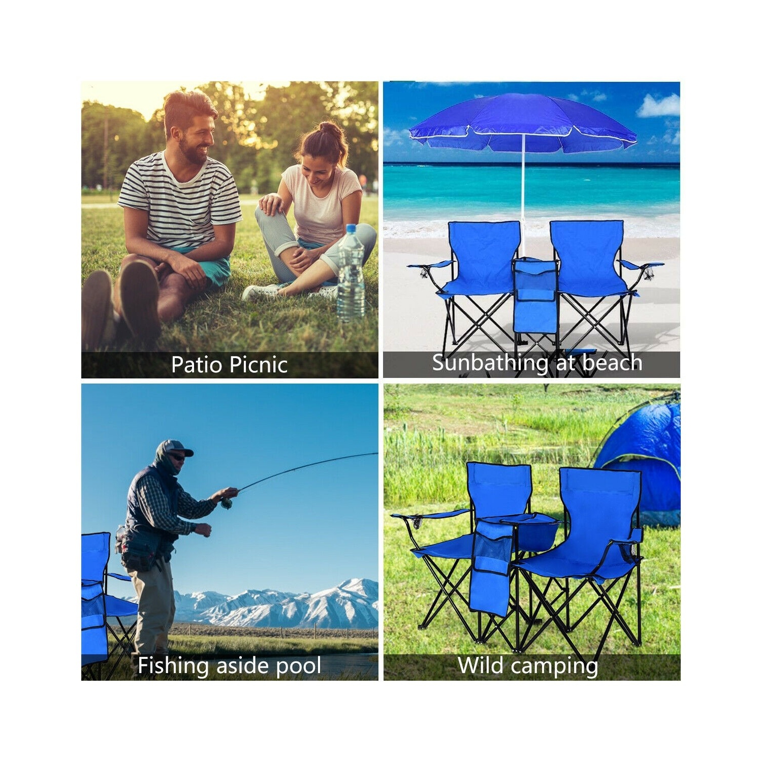 Portable Folding Picnic Double Chair With Removable Umbrella