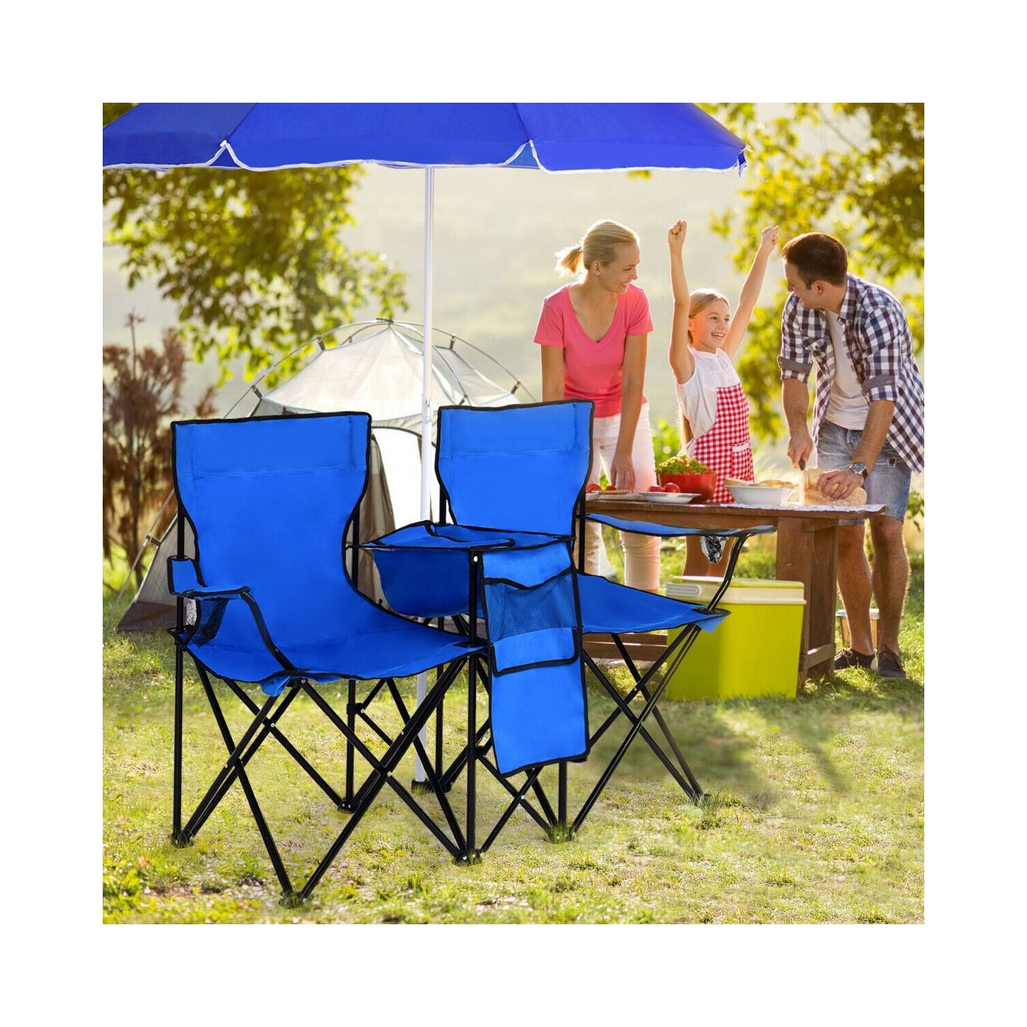 Portable Folding Picnic Double Chair With Removable Umbrella