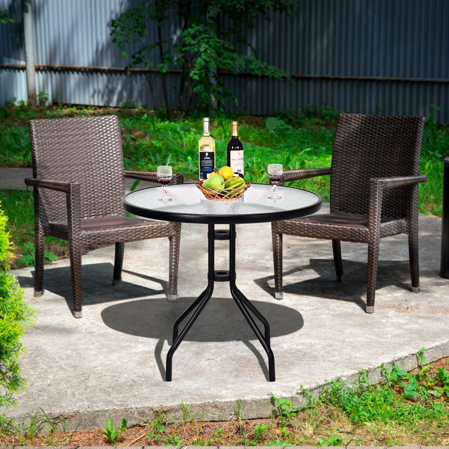 Table de patio ronde de 32 po à surface en verre trempé avec trou pour parasol