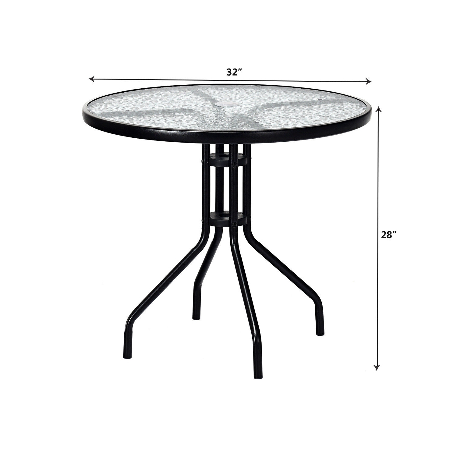 Table de patio ronde de 32 po à surface en verre trempé avec trou pour parasol