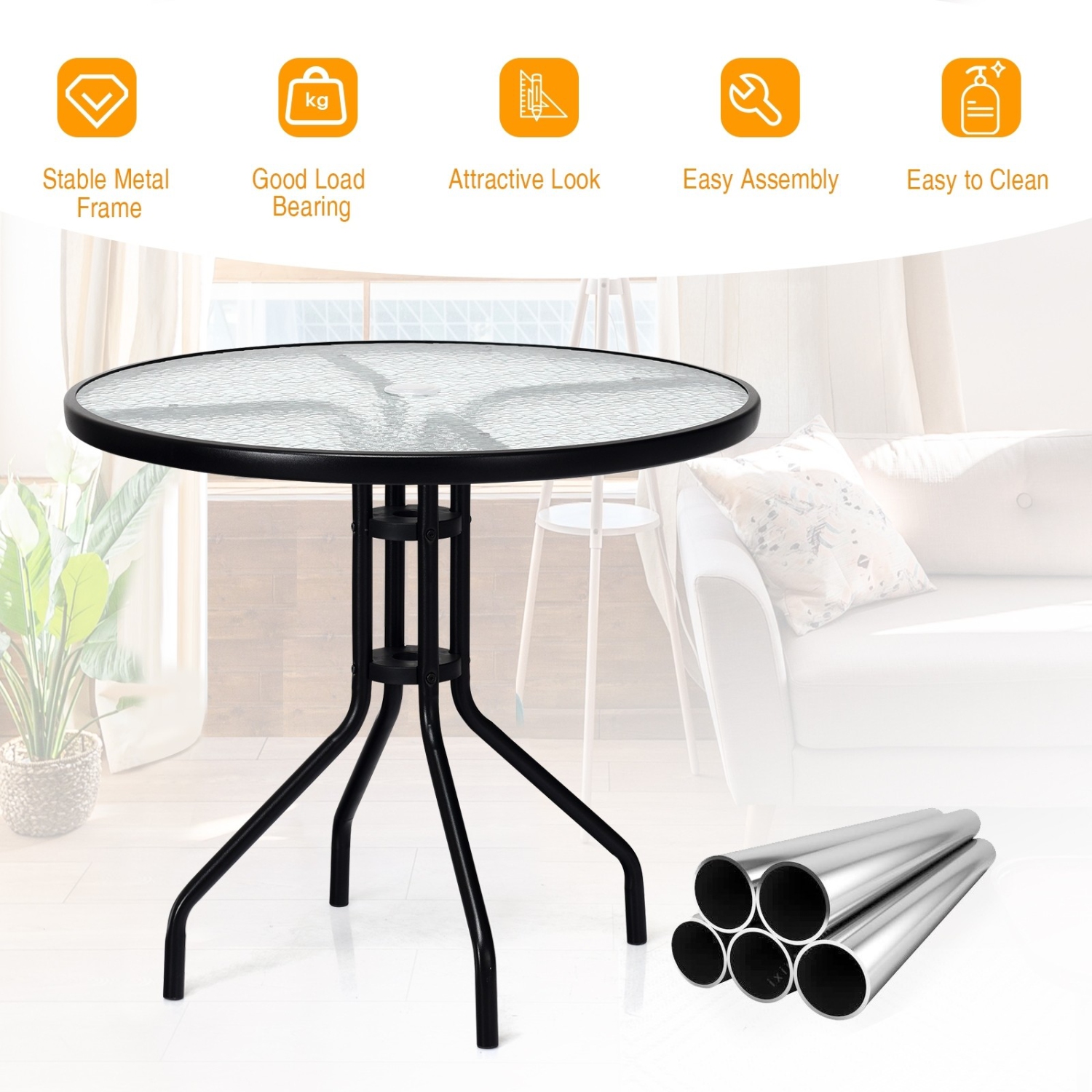 Table de patio ronde de 32 po à surface en verre trempé avec trou pour parasol