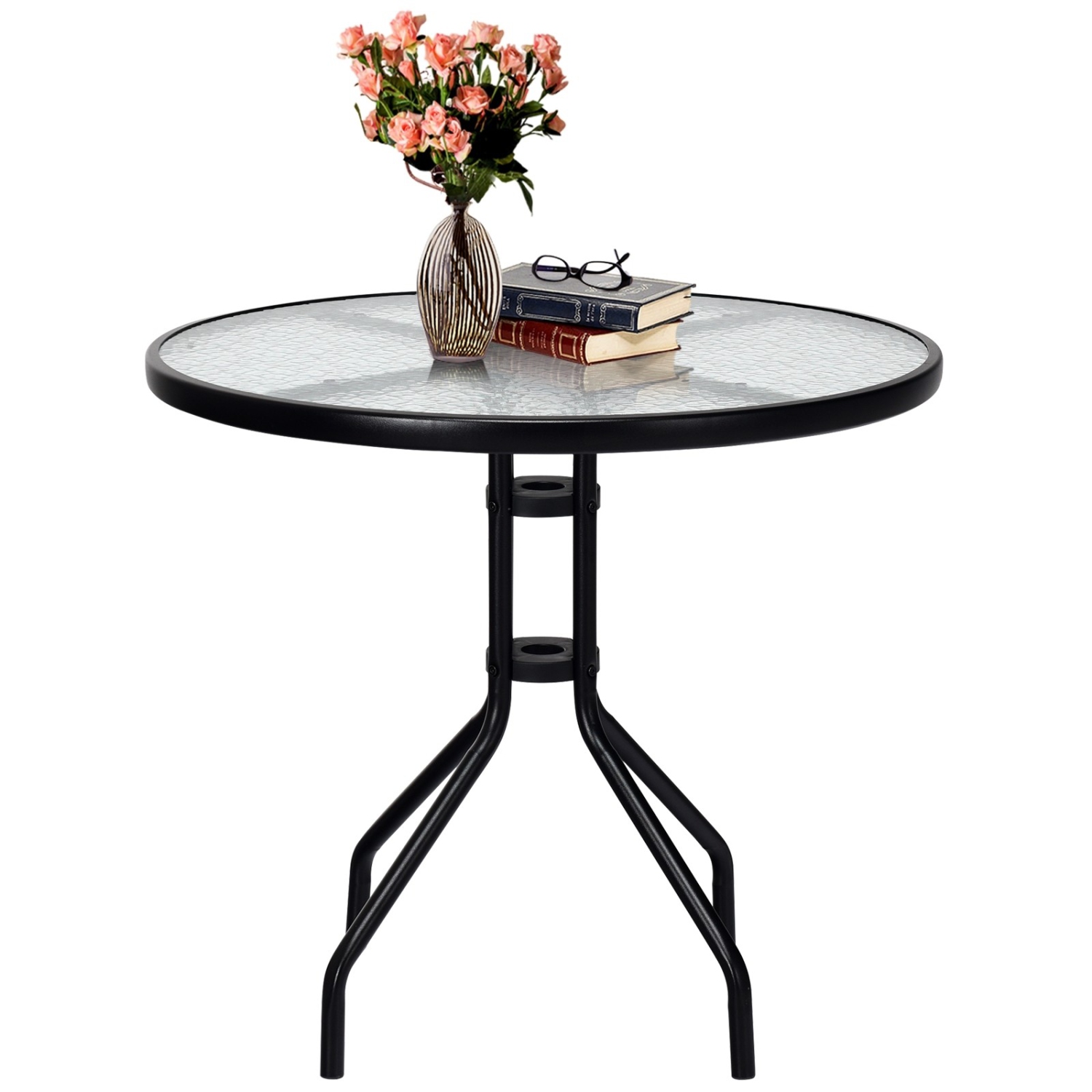 Table de patio ronde de 32 po à surface en verre trempé avec trou pour parasol