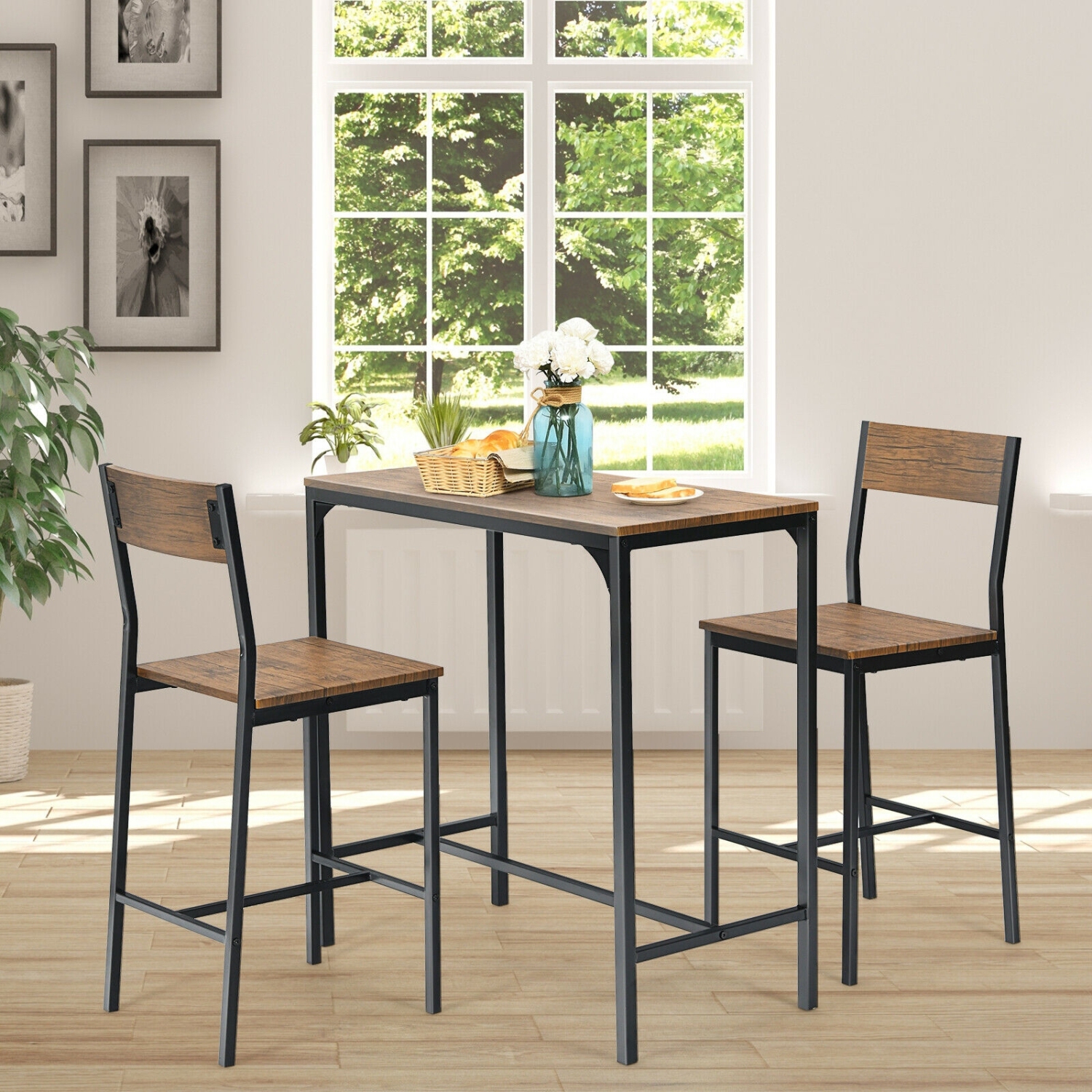 3 Pieces Bar Table Set with 2 Stools-Black