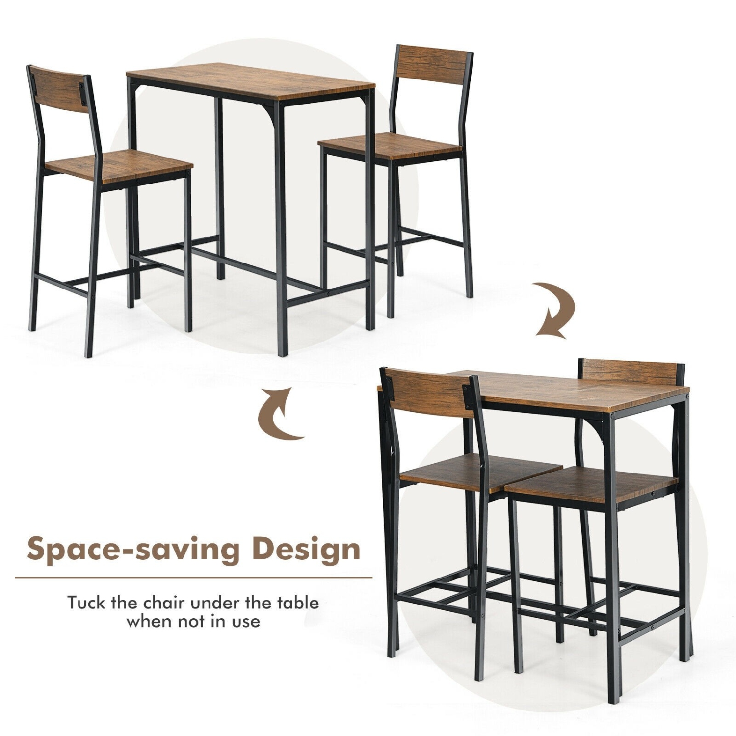 3 Pieces Bar Table Set with 2 Stools-Black