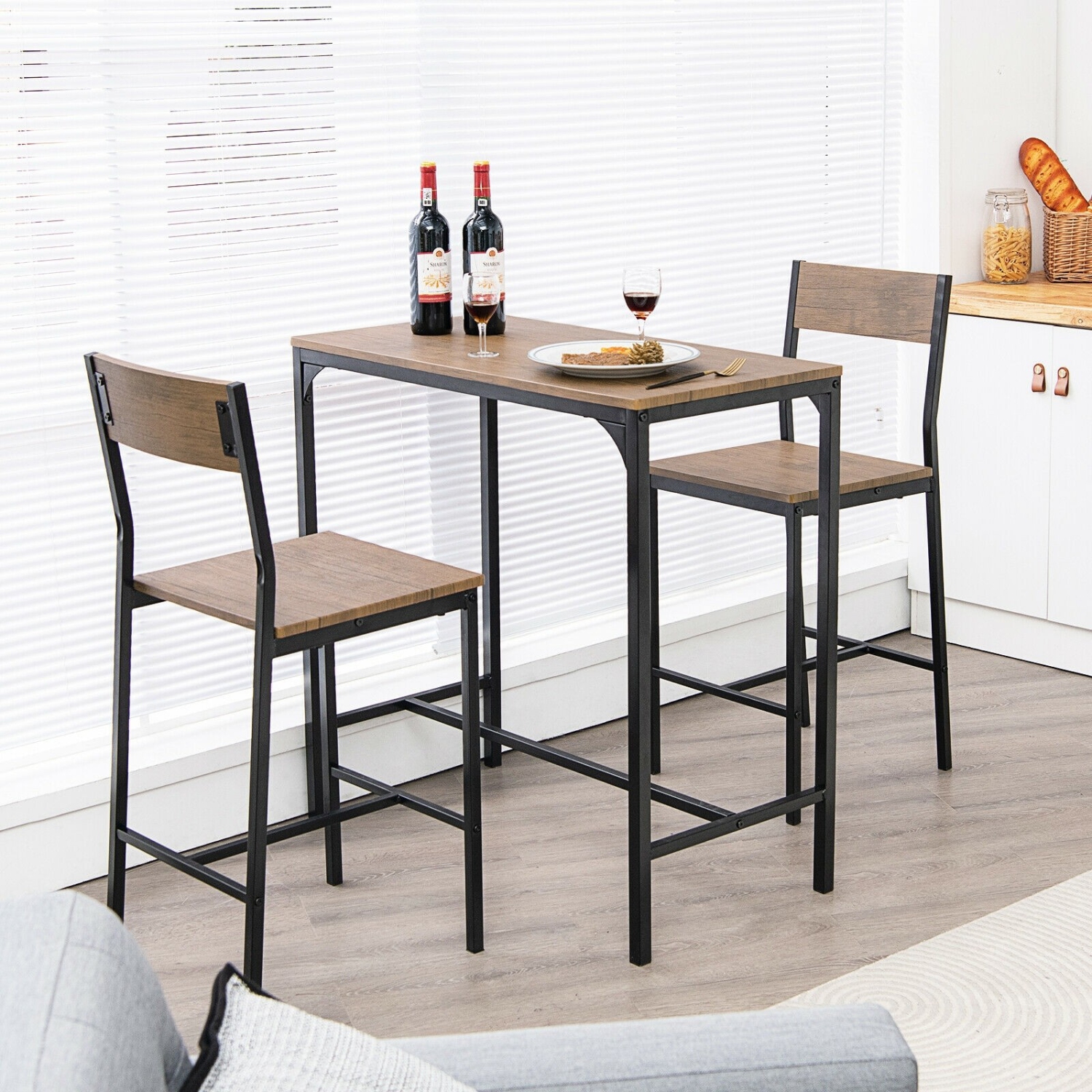 3 Pieces Bar Table Set with 2 Stools-Black