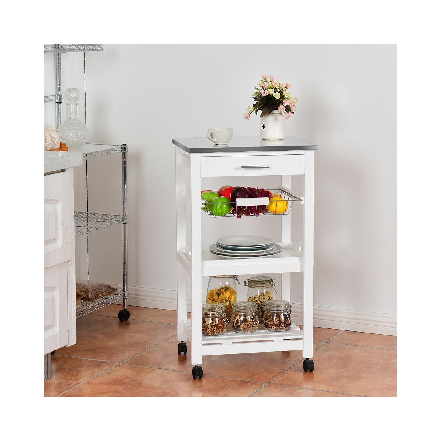 Rolling Kitchen Trolley Cart with Storage Baskets and Drawers for Home Organization