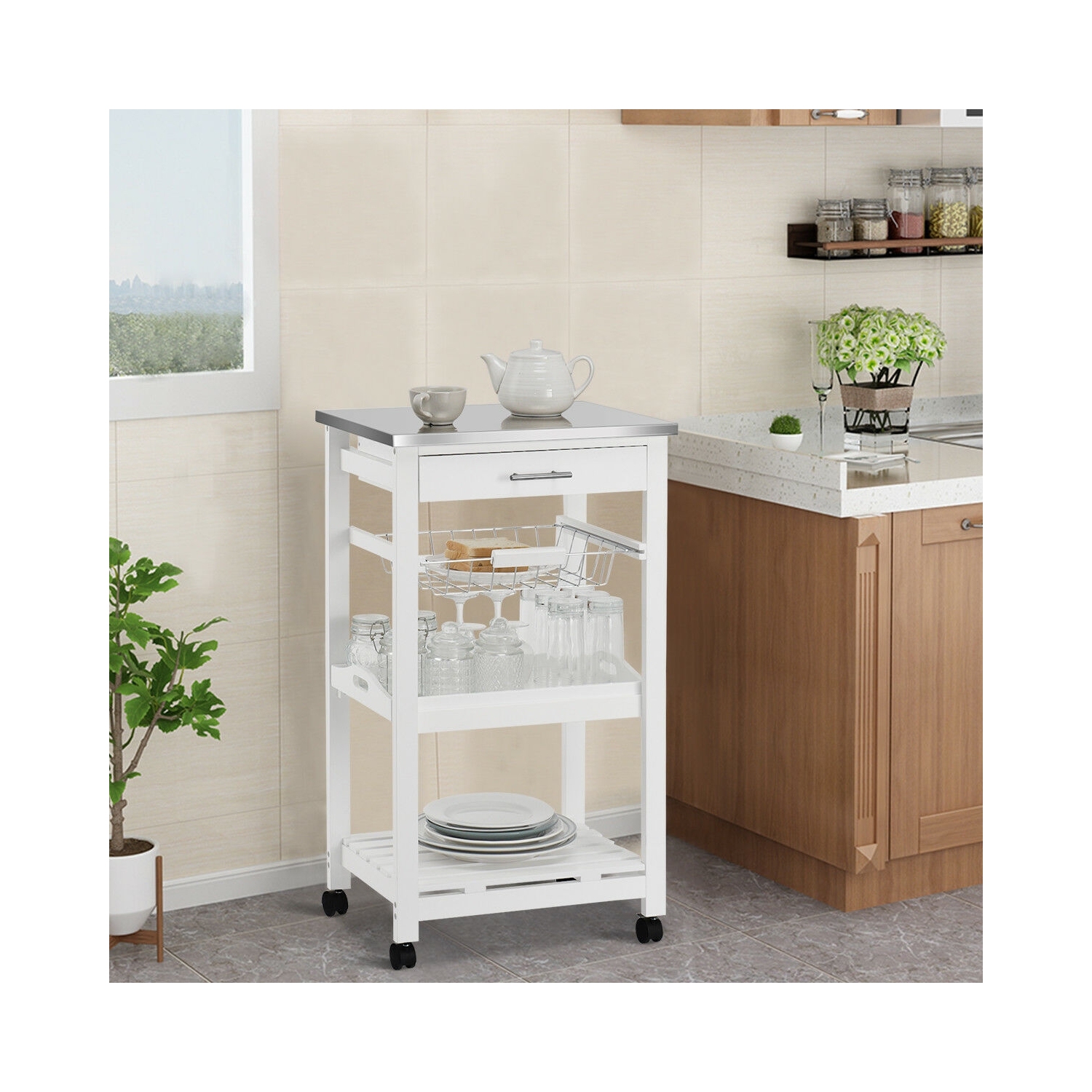 Rolling Kitchen Trolley Cart with Storage Baskets and Drawers for Home Organization